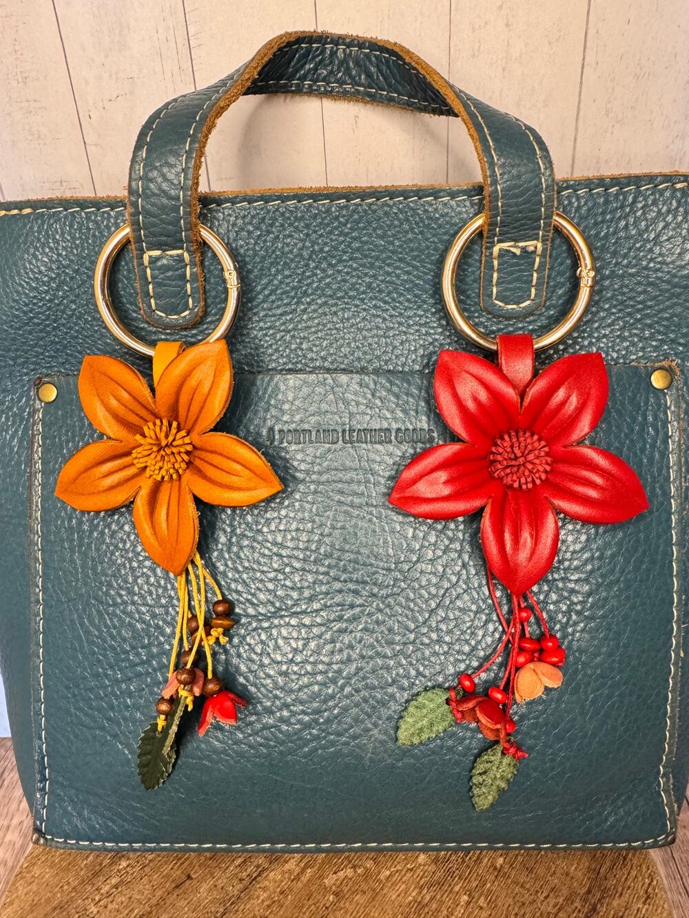 Genuine Leather Daisy Flower Purse Charms Set of 2 Fall Bag Charms